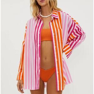 BEACH RIOT Alexa Playful Stripe Long Sleeve Swim Cover-Up Shirt | Large XL